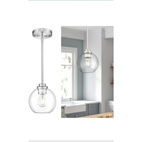 JAZAVA PL101 Pendant Light Fixture, Modern Brushed Brushed Nickel Clear Glass - Picture 1 of 8